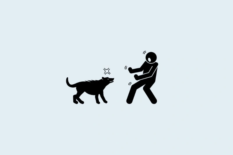 Minimalist icons showing a person protecting themselves from a dog.