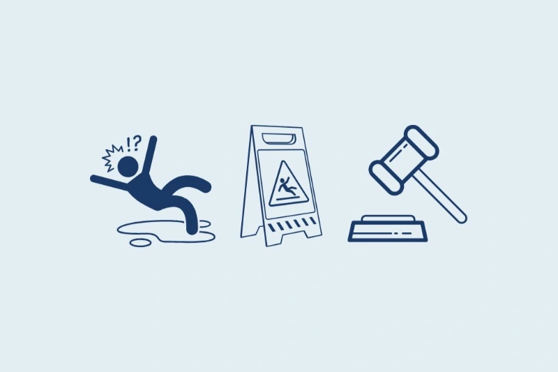 Minimalist icons showing a person slipping, a caution wet floor sign, and a judge’s gavel on a light blue background.
