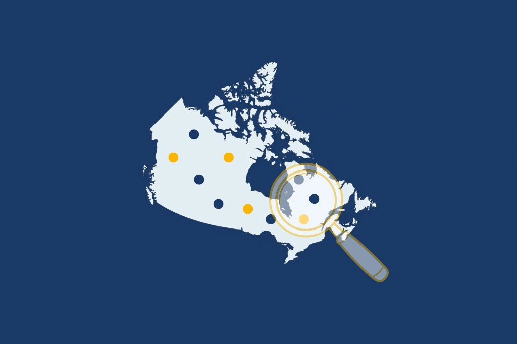 Minimalist vector map of Canada divided into grey provinces with gold and navy data points representing accident statistics, on a navy background.