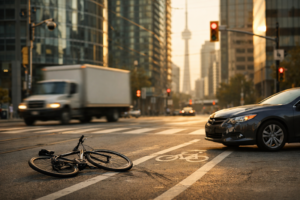 Bicycle lying in a Toronto bike lane beside a stopped sedan at a downtown intersection during sunrise, illustrating mixed-vehicle collision dynamics and cyclist vulnerability under Ontario traffic law.