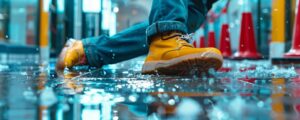 Person slipping on a wet floor, wearing yellow boots