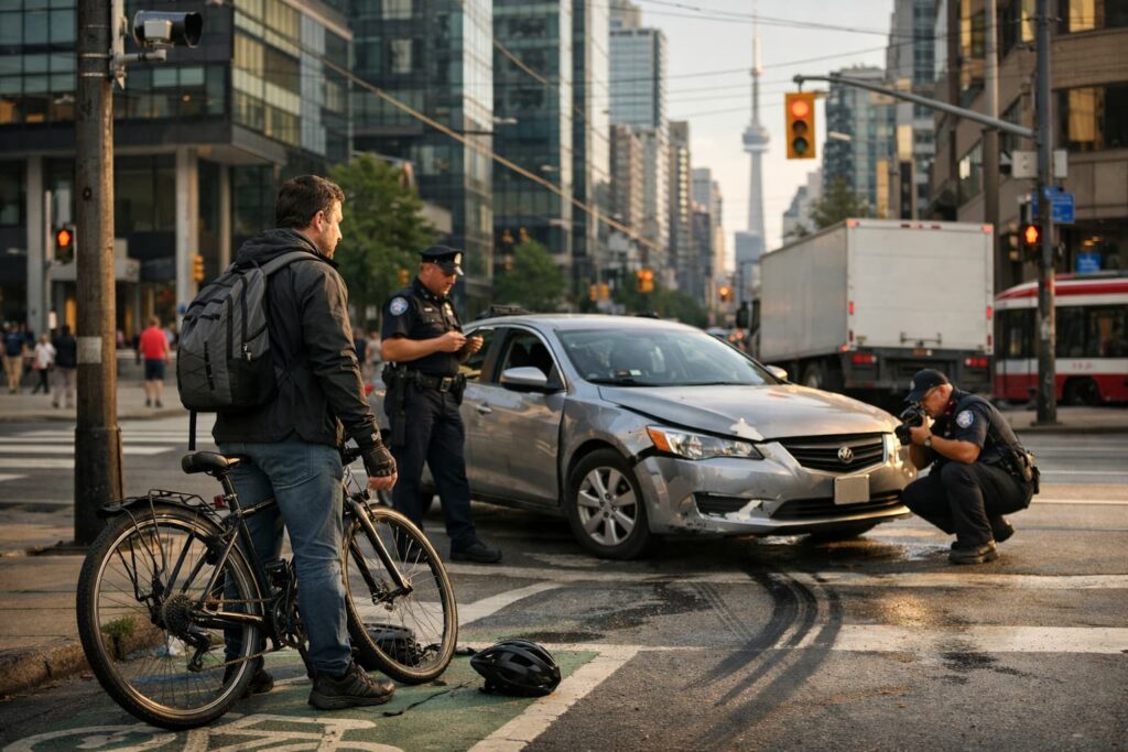 Cyclist and sedan collision at Richmond and Adelaide intersection in Toronto illustrating mixed-vehicle liability and reverse onus legal principles.